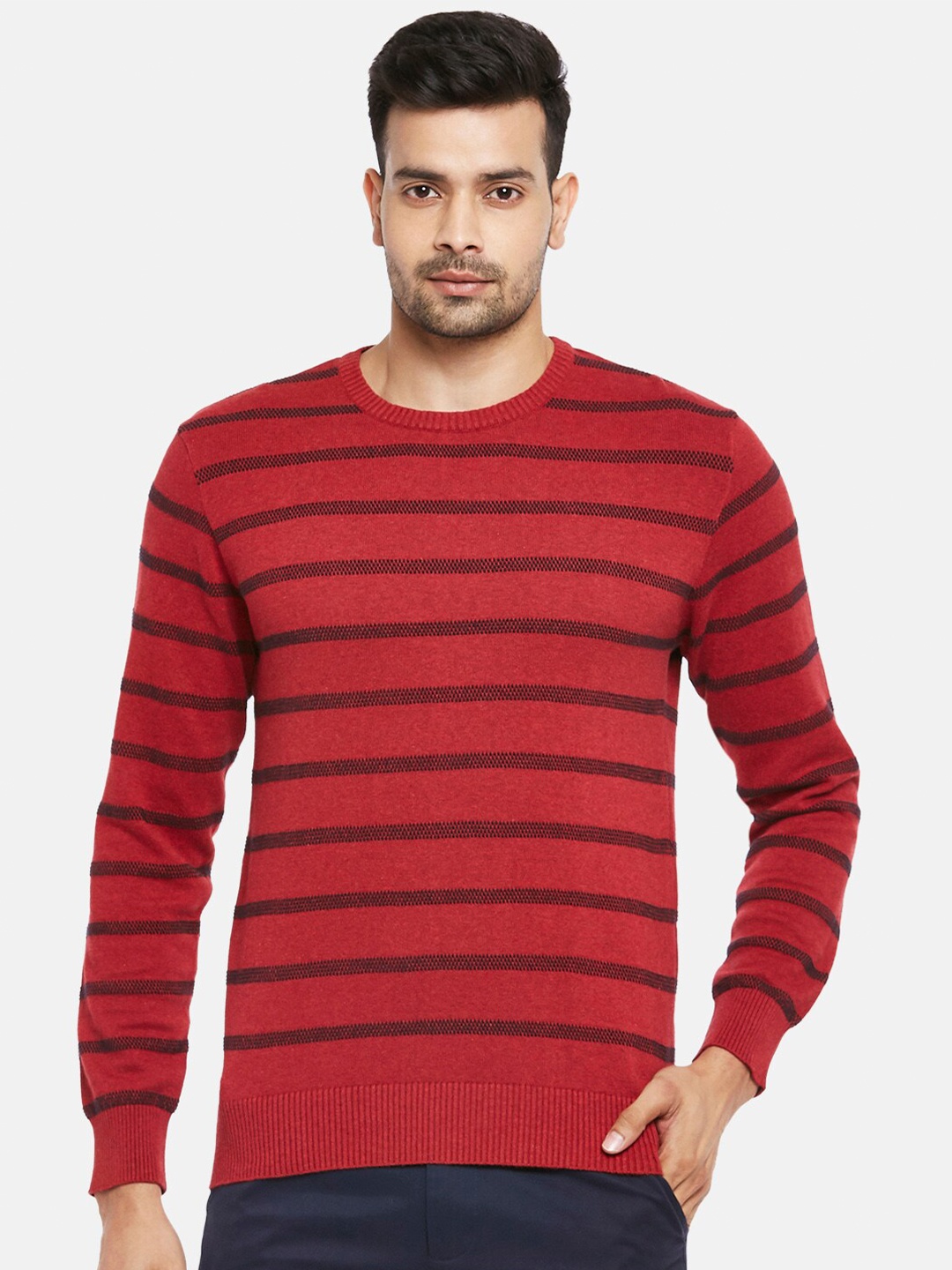 

BYFORD by Pantaloons Men Red & Black Pure Cotton Horizontal Striped Pullover Sweater