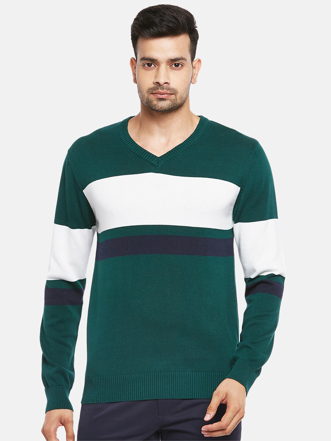 

BYFORD by Pantaloons Men Green & White Pure Cotton Horizontal Striped Pullover Sweater