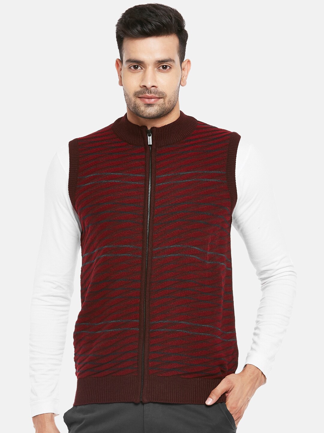 

BYFORD by Pantaloons Men Maroon Self Designed Sweater Vest