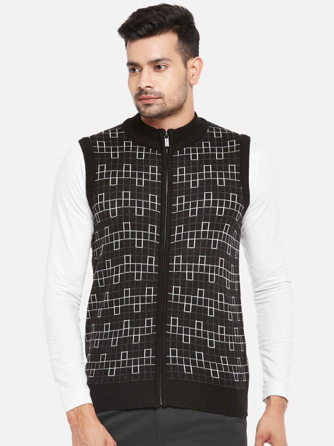 

BYFORD by Pantaloons Men Black & White Checked Sweater Vest