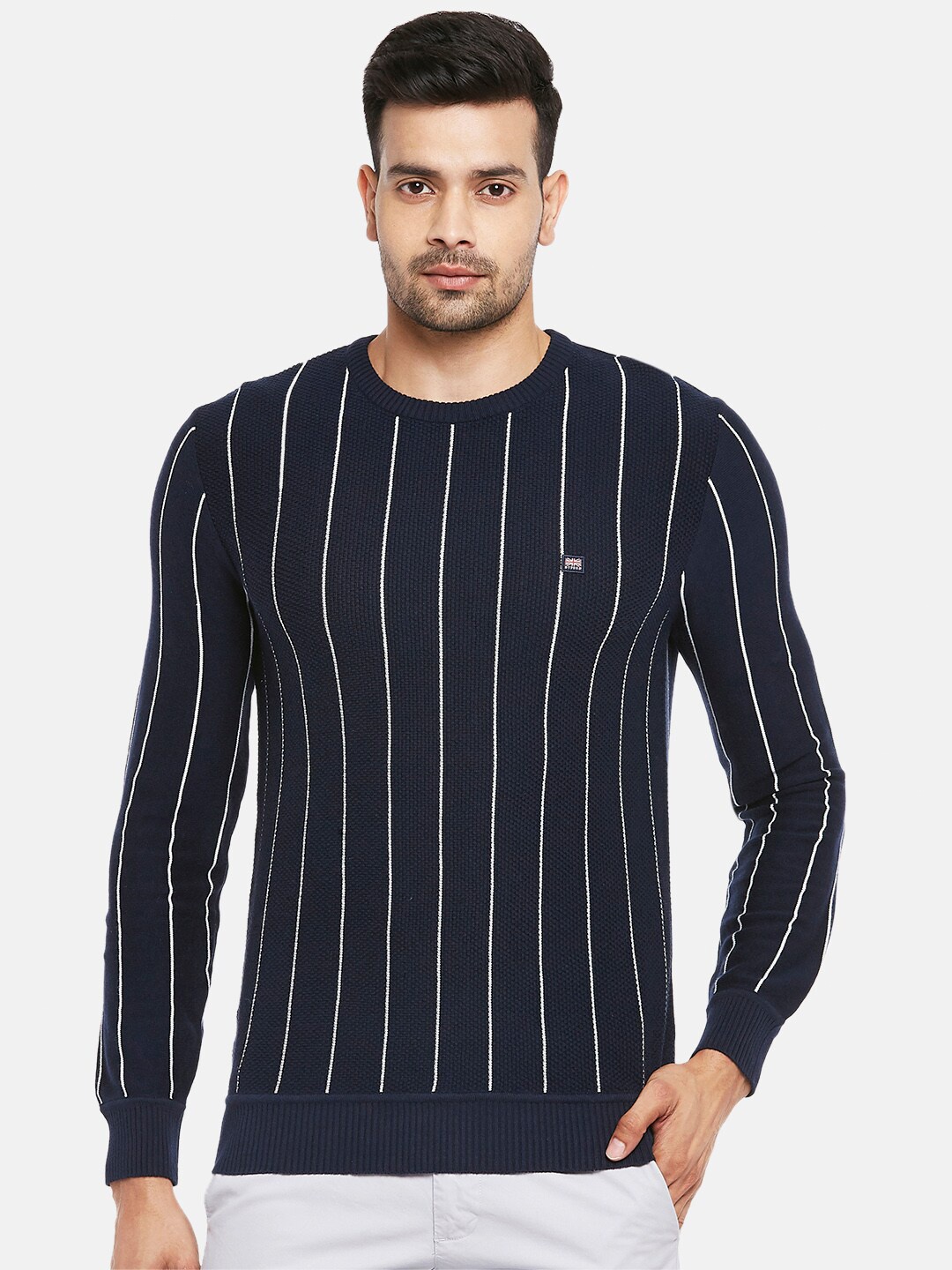 

BYFORD by Pantaloons Men Navy Blue & White Pure Cotton Vertical Striped Pullover Sweater