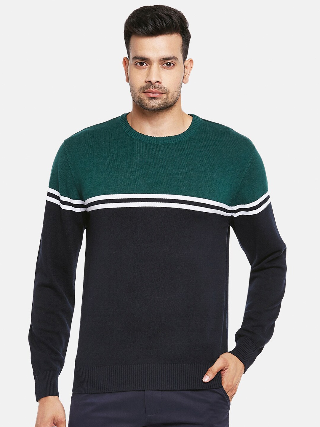 

BYFORD by Pantaloons Men Green & Black Colourblocked Pullover Sweater