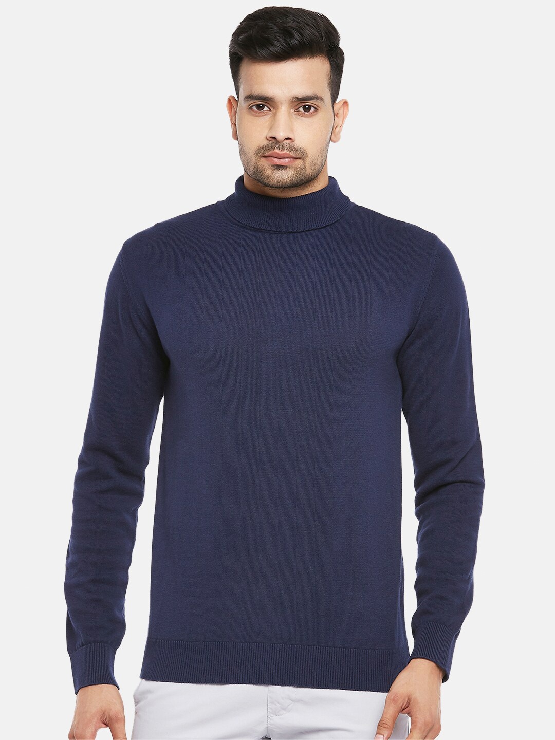 

BYFORD by Pantaloons Men Navy Blue Pure Cotton Solid Pullover Sweater