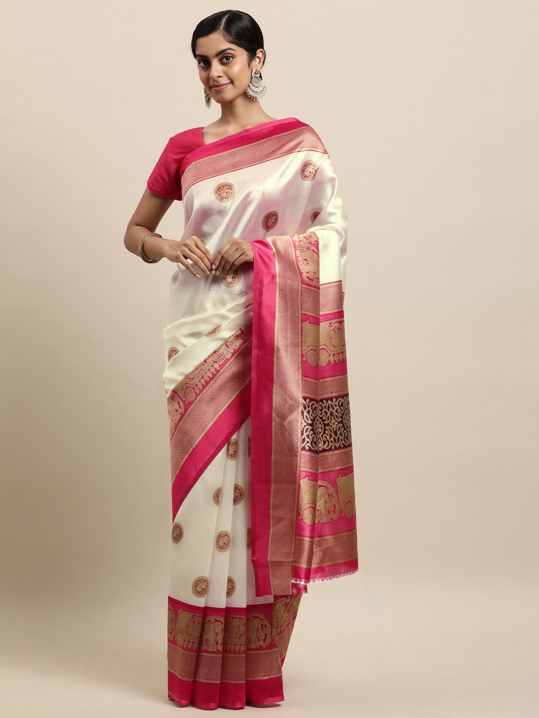 

KALINI Off White & Pink Art Silk Saree