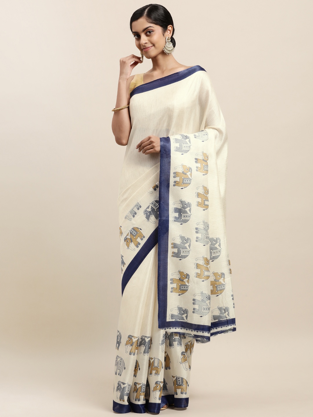 

KALINI Cream-Coloured & Blue Woven Design Zardozi Silk Blend Khadi Saree