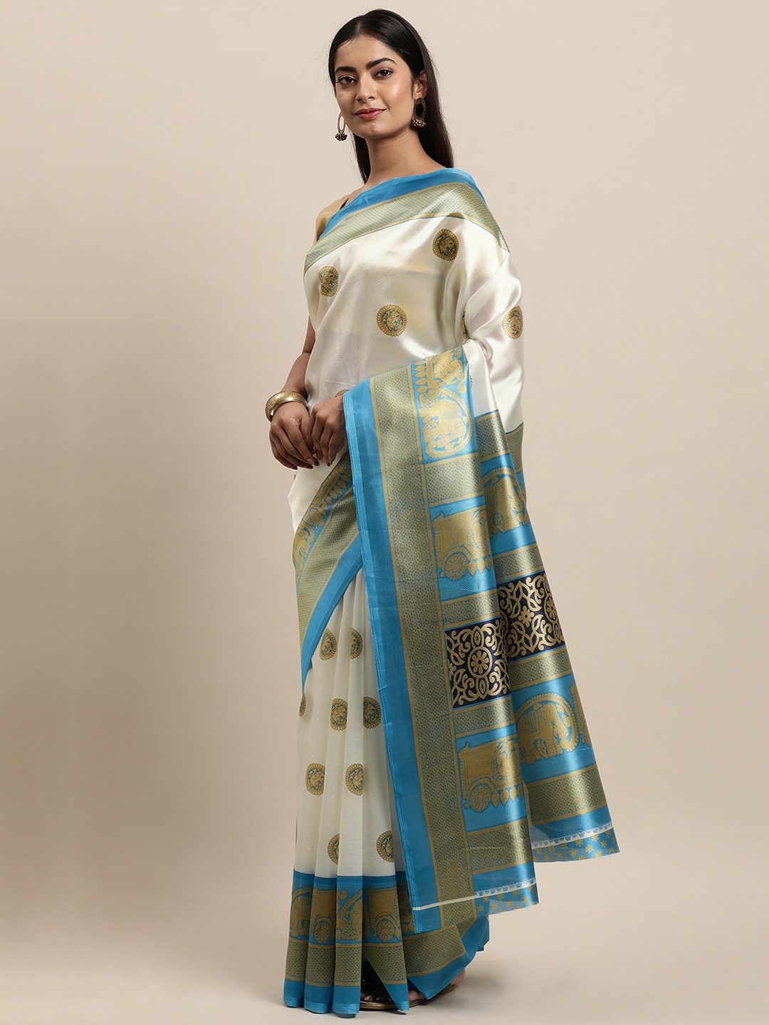 

KALINI Off White & Blue Woven Design Zardozi Art Silk Saree