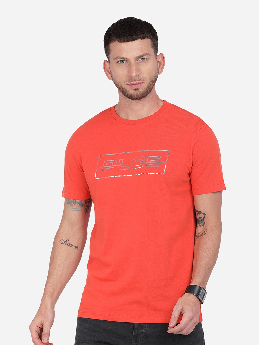 883 Police Men Orange Typography Printed T-shirt