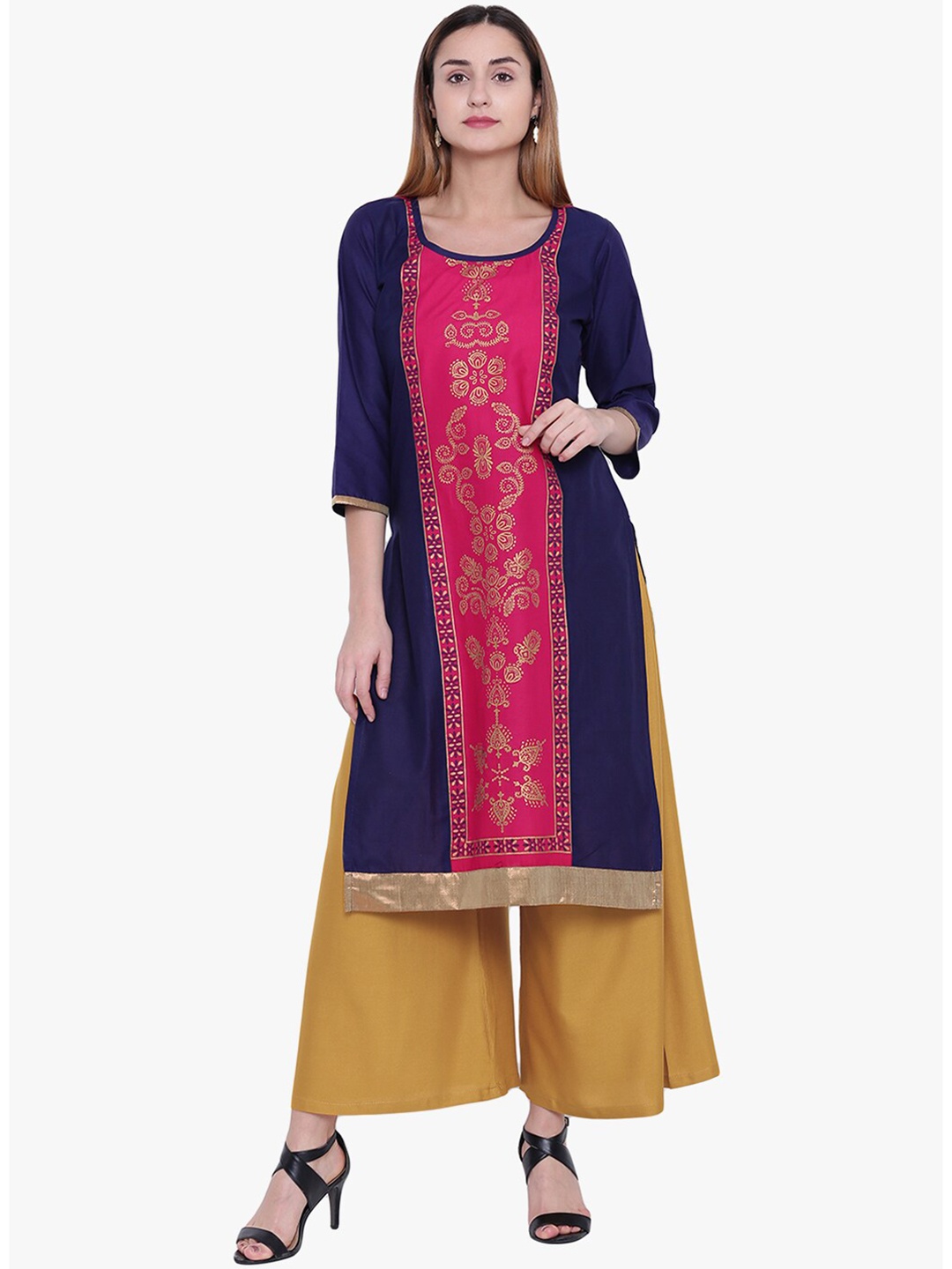 

Varkha Fashion Women Navy Blue & Pink Ethnic Motifs Printed Panelled Straight Kurta