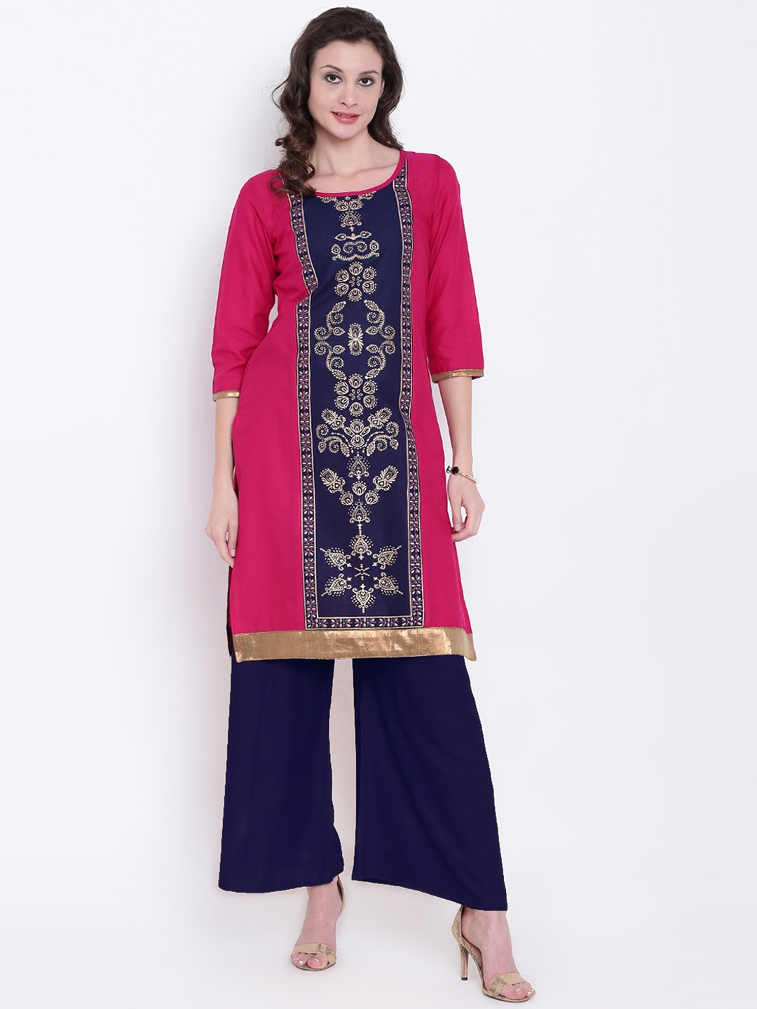 

Varkha Fashion Women Pink & Blur Ethnic Motifs Printed Panelled Straight Kurta