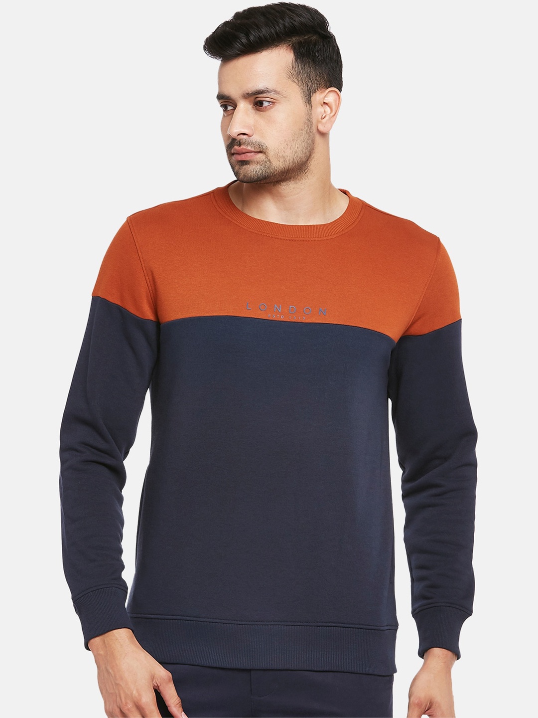 

BYFORD by Pantaloons Men Tan Brown & Navy Blue Colourblocked Sweatshirt