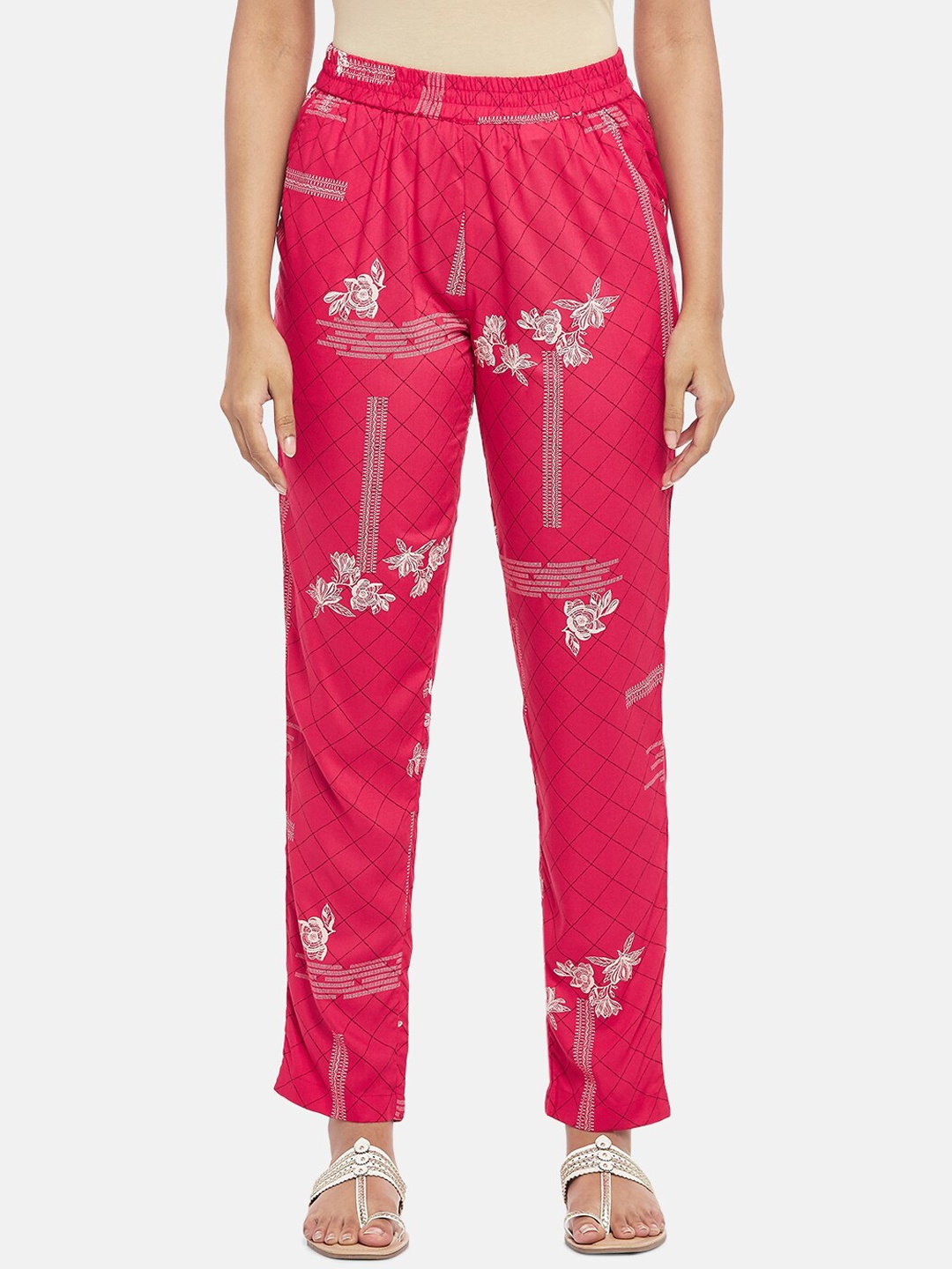 

AKKRITI BY PANTALOONS Women Fuchsia Pink & White Floral Printed Pure Cotton Trousers