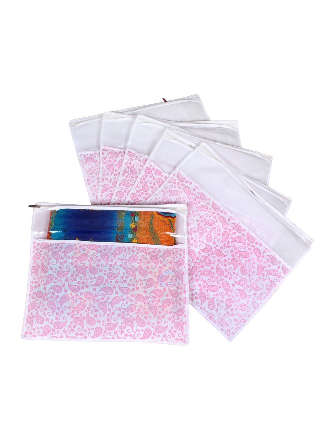 

prettykrafts Pink & White Set of 6 Printed Saree Cover Organisers