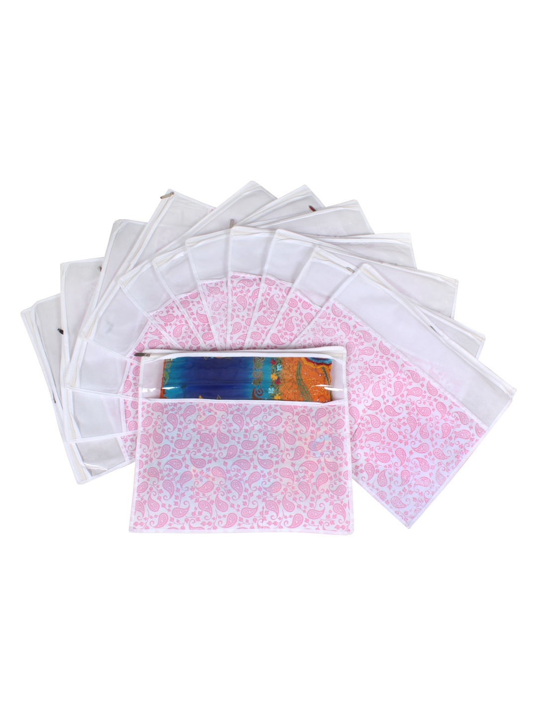 

prettykrafts Pink & White Set of 12 Printed Saree Cover Organisers