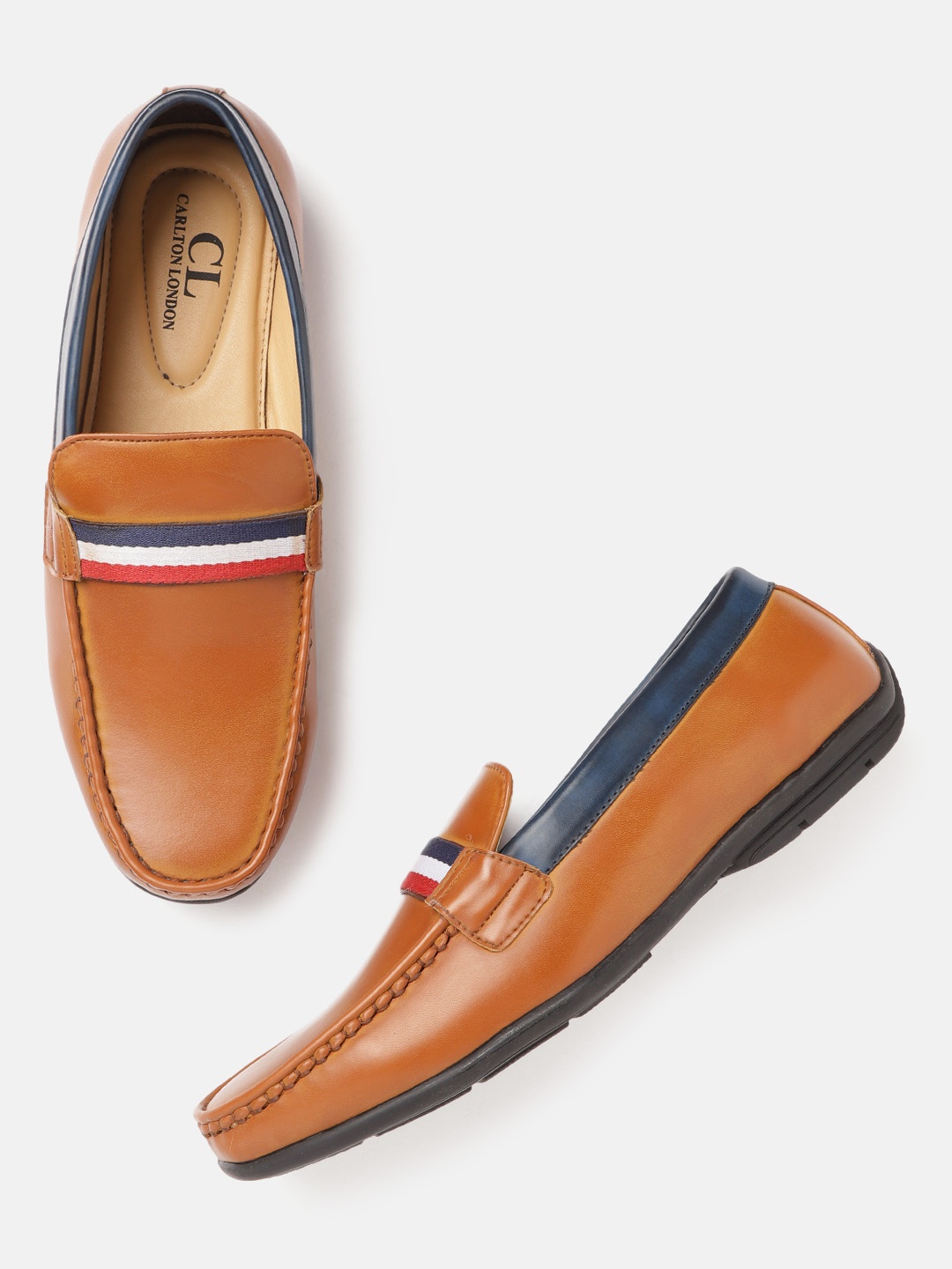Carlton London Men Tan Brown & Navy Blue Solid Driving Shoes
