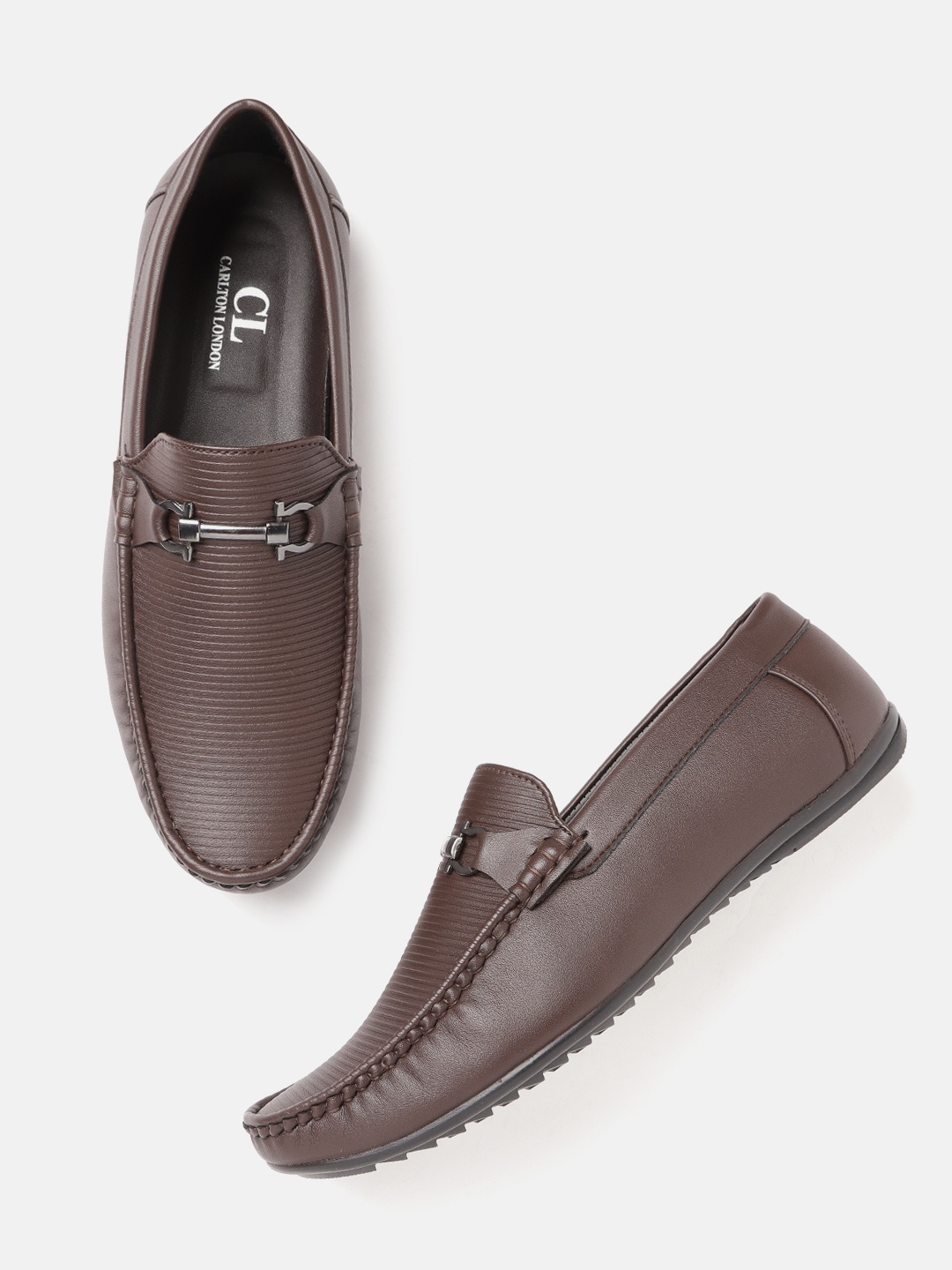 

Carlton London Men Tan Brown Solid Self Striped Horsebit Loafers