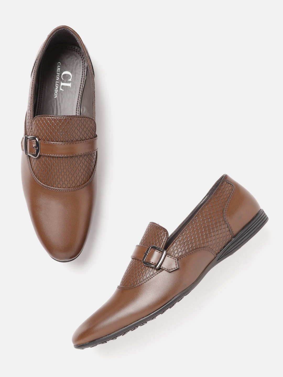 

Carlton London Men Brown Textured Smart Casual Loafers with Buckle Detail
