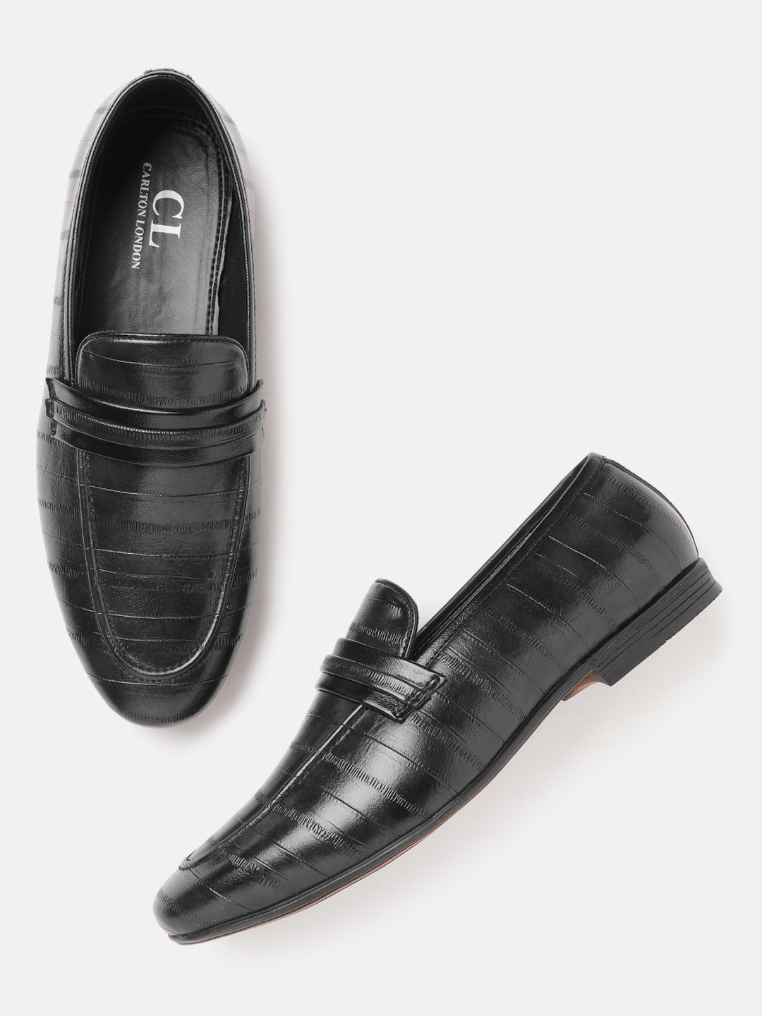 

Carlton London Men Black Striped Textured Slip-Ons