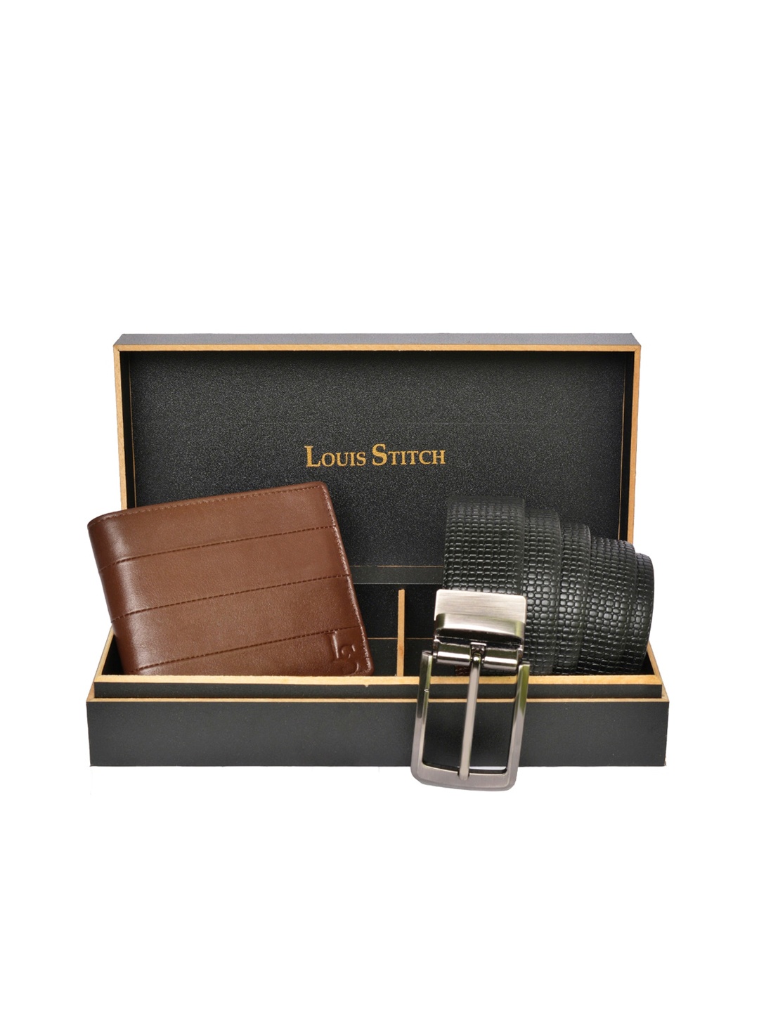 

LOUIS STITCH Men Brown & Black Textured Genuine Leather Accessory Gift Set