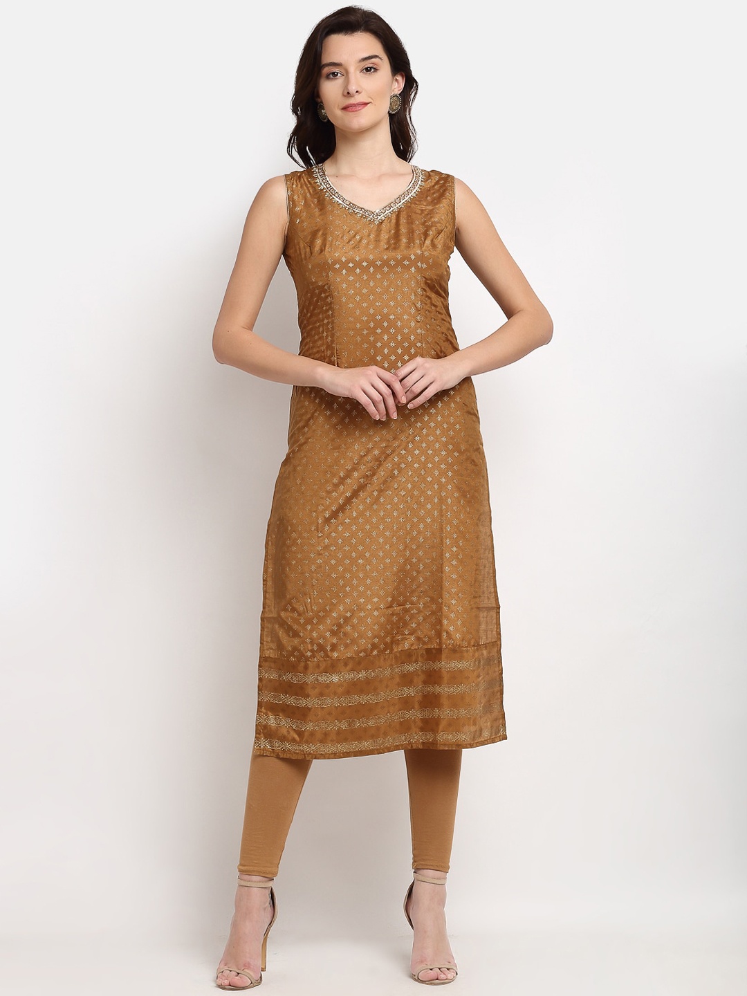 

Lovely Lady Women Brown & Gold-Toned Ethnic Motifs Foil Printed Thread Work Kurta