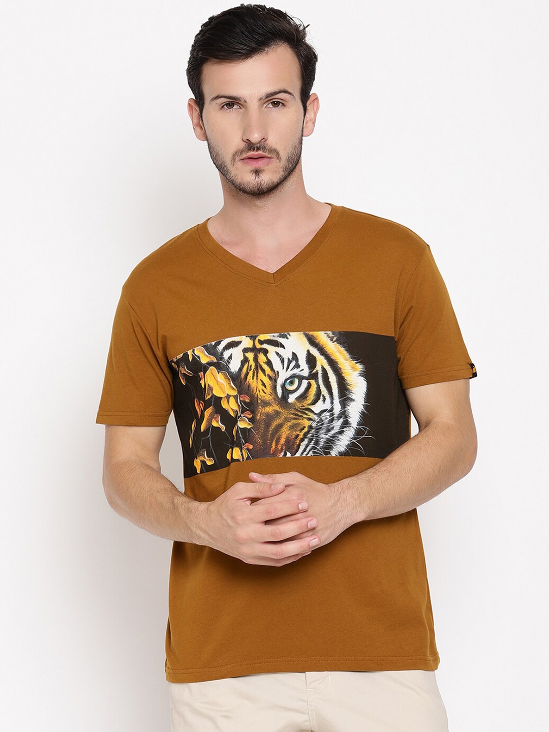 

Wolfpack Men Brown Printed V-Neck T-shirt