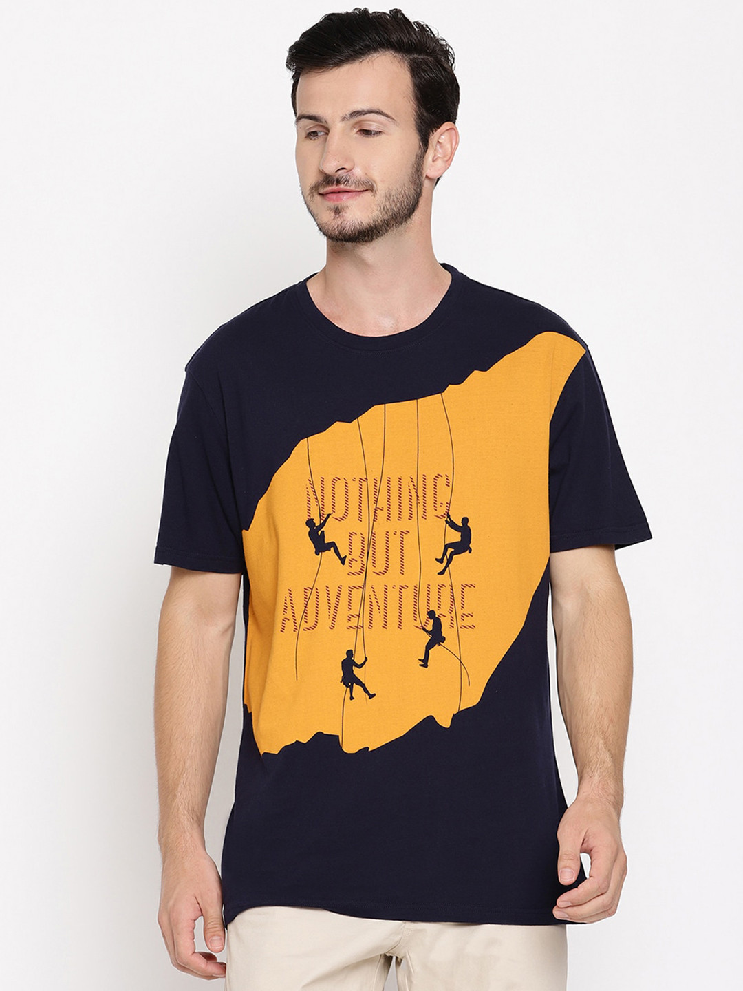 

Wolfpack Men Navy Blue & Yellow Printed T-shirt