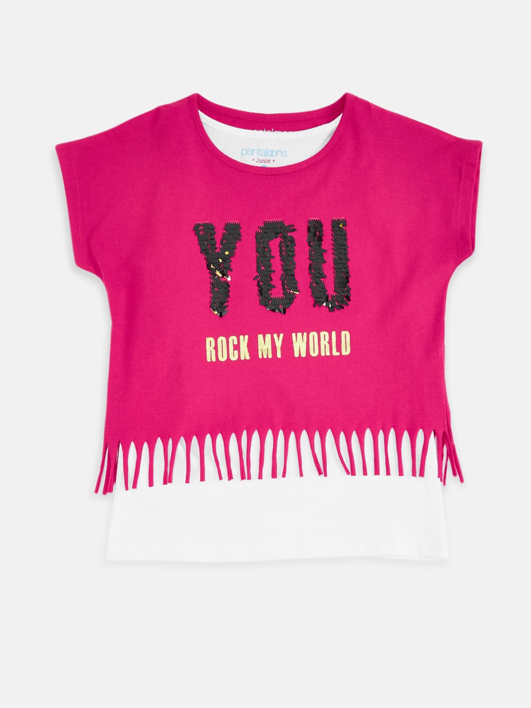 

Pantaloons Junior Girls Fuchsia & Black Embellished T-shirt With Fringe Detail