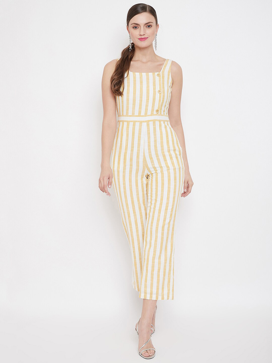 

Madame Women Off White & Yellow Striped Basic Jumpsuit