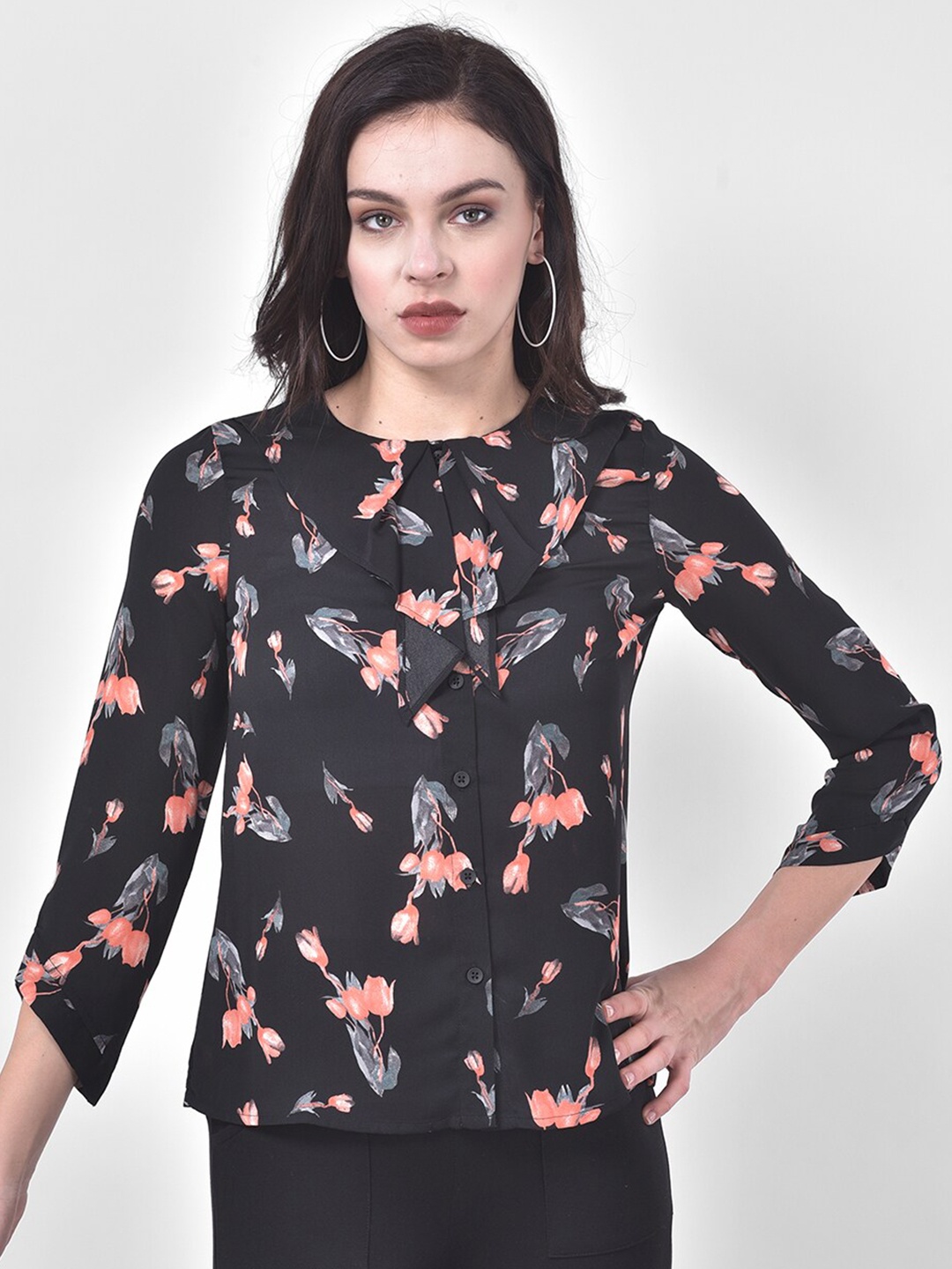 

Latin Quarters Black & Peach-Coloured Floral Ruffled Regular Top
