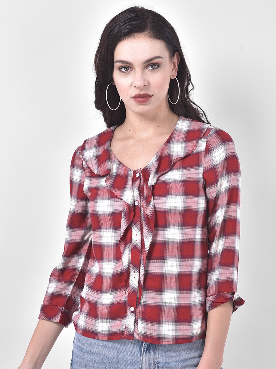

Latin Quarters Women Red & White Checked Ruffles Shirt Style Top