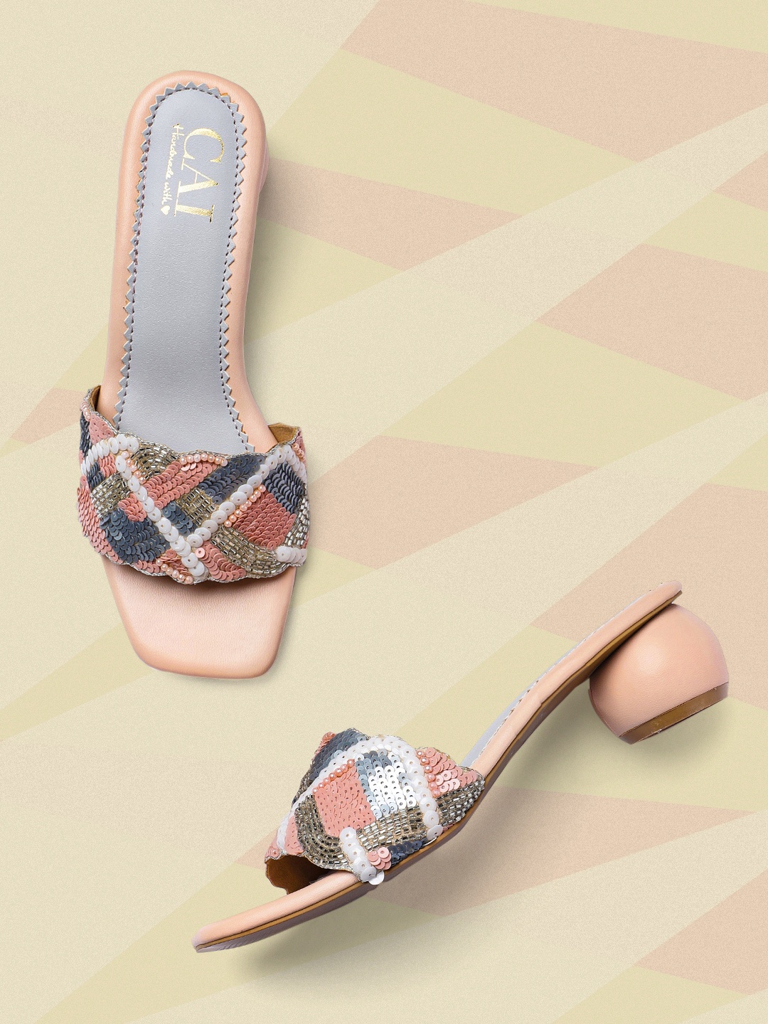 

CAI Women Pink & Grey Sequin Embellished Pixie Pastels Block Sandals