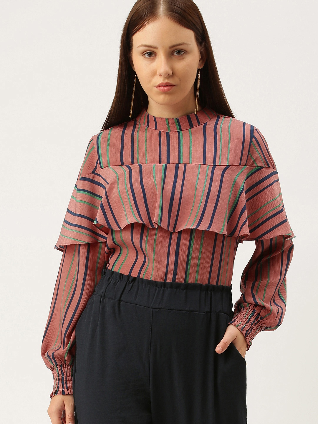 

SHECZZAR Peach-Coloured Striped Layered Chiffon Regular Top