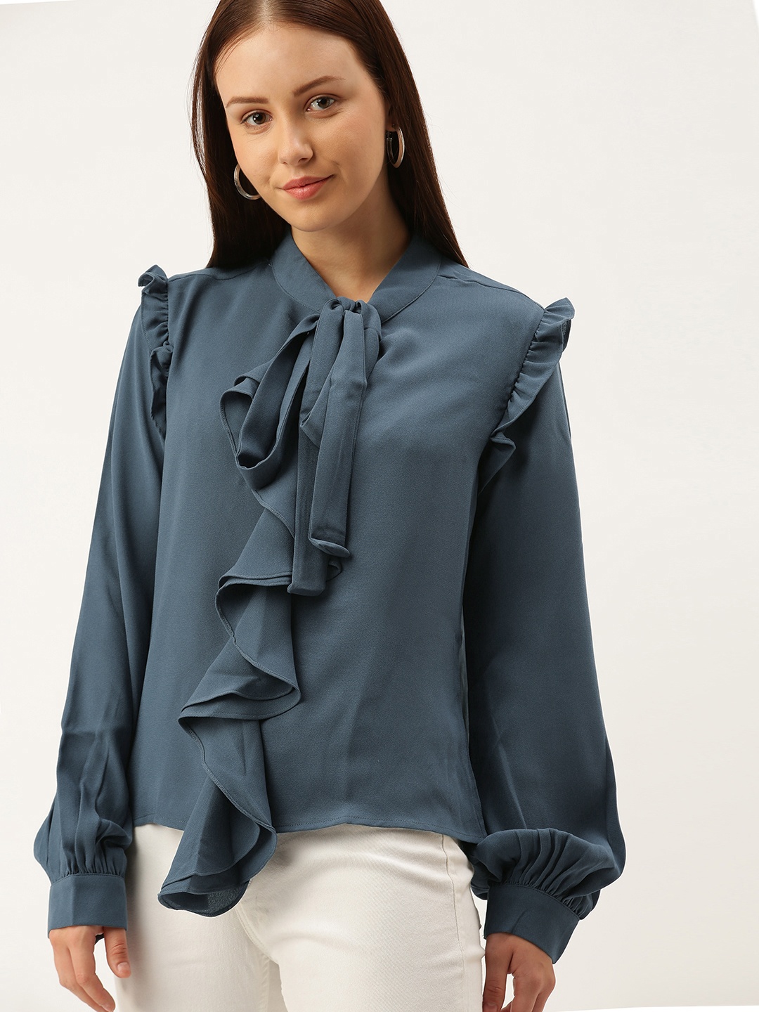 

SHECZZAR Blue Tie-Up Neck Bishop Sleeves Ruffles Georgette Blouson Top