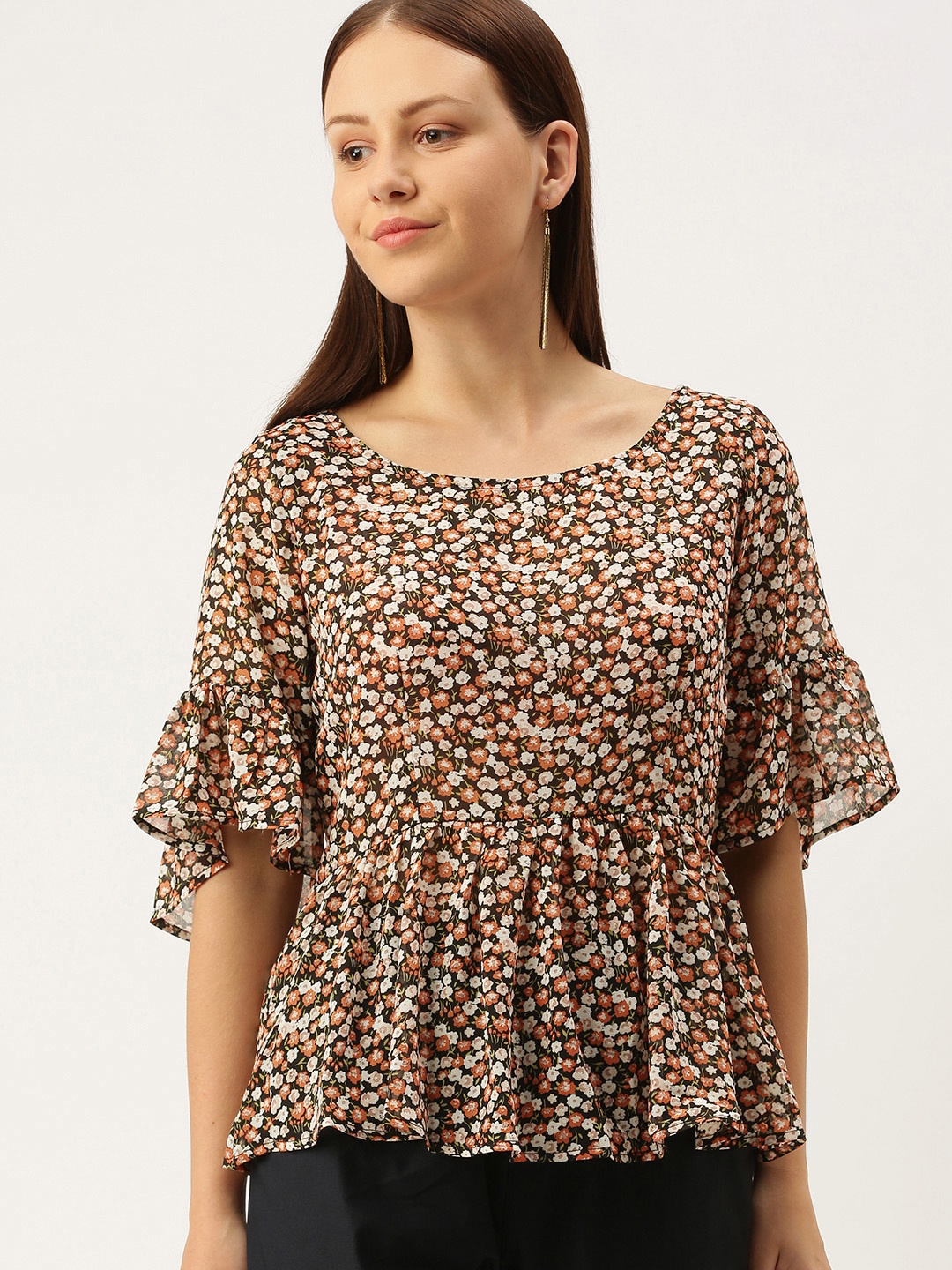 

SHECZZAR Black & Brown Floral Georgette Regular Top