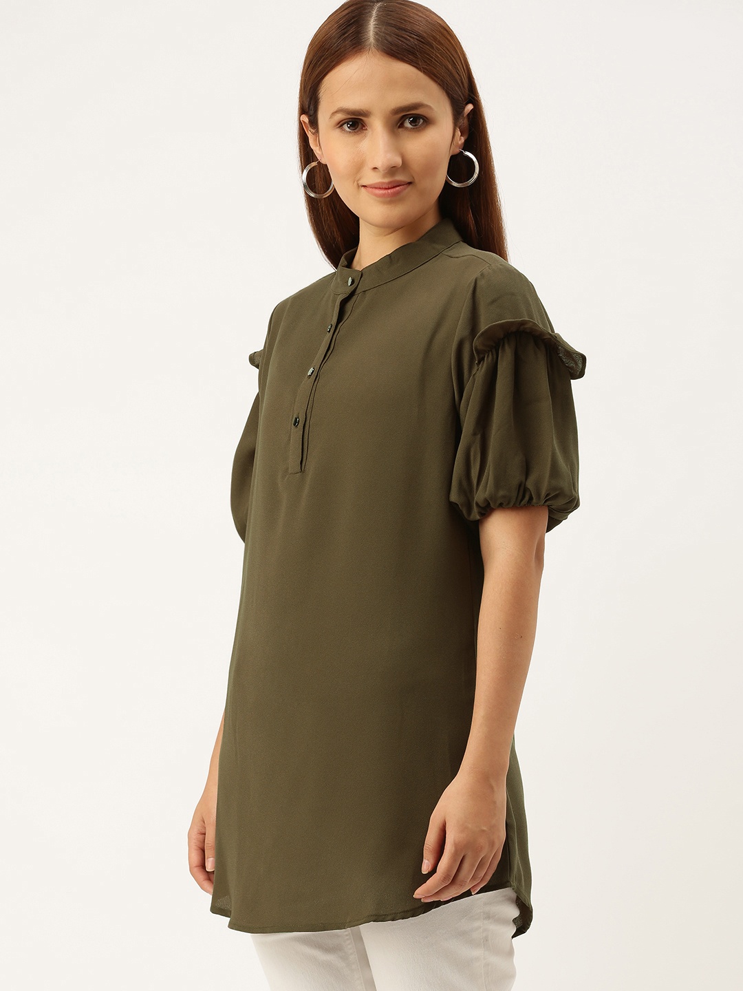 

SHECZZAR Olive Green Georgette A-Line Longline Top