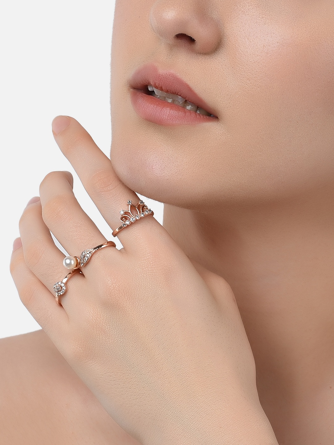 

AMI Set Of 3 Rose Gold-Plated White CZ-Studded & Beaded Adjustable Contemporary Finger Rings