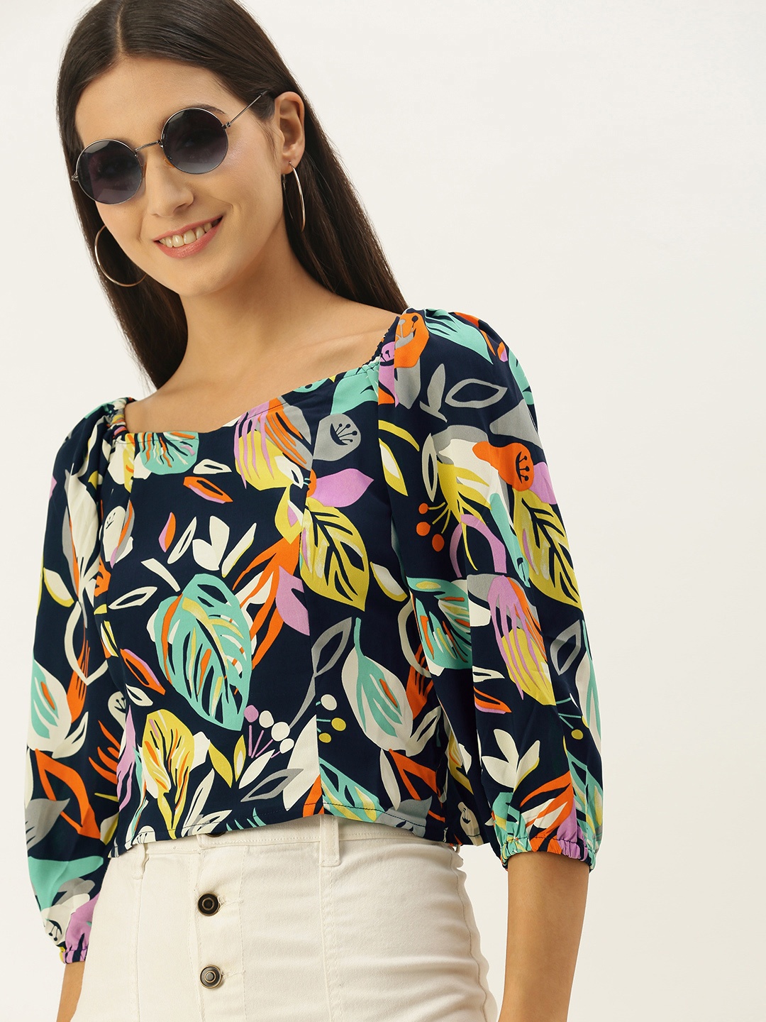 

SHECZZAR Navy Blue & Multicoloured Floral Tropical Regular Crop Top