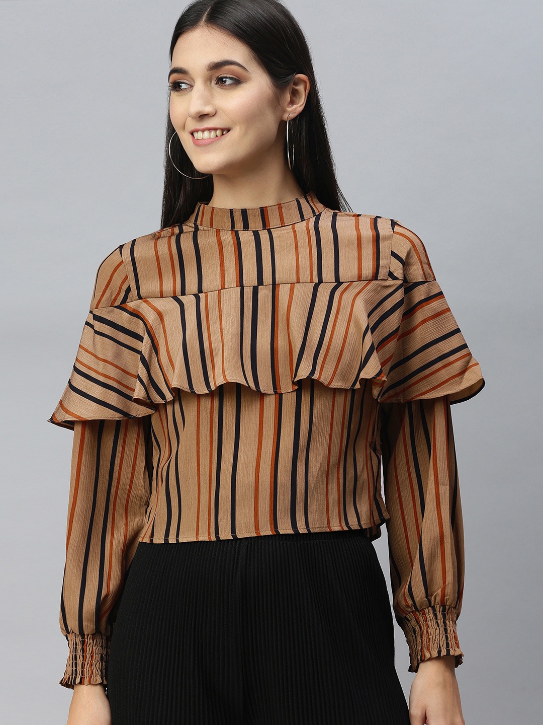 

SHECZZAR Beige & Black Striped Layered Regular Top