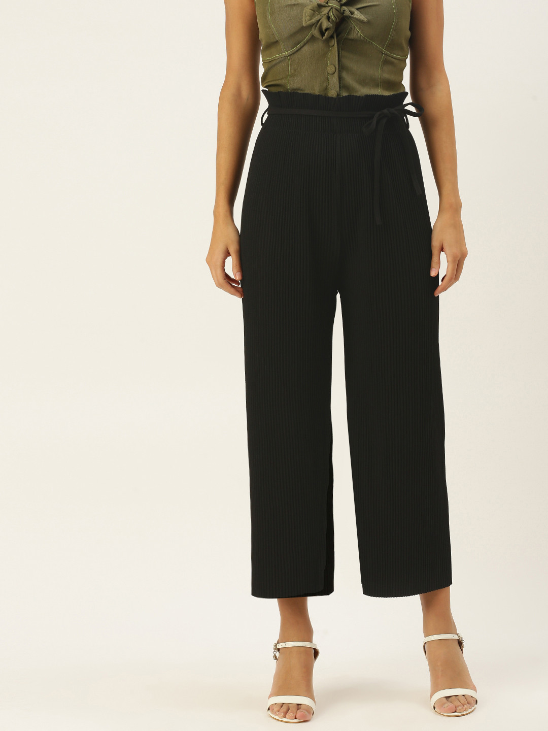 

SHECZZAR Women Black Relaxed Straight Leg Straight Fit High-Rise Wrinkle Free Culottes Trousers