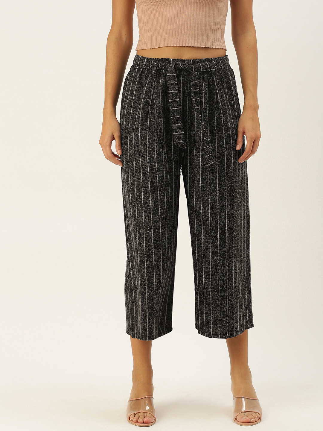 

SHECZZAR Women Black Striped Flared High-Rise Wrinkle Free Culottes Trousers