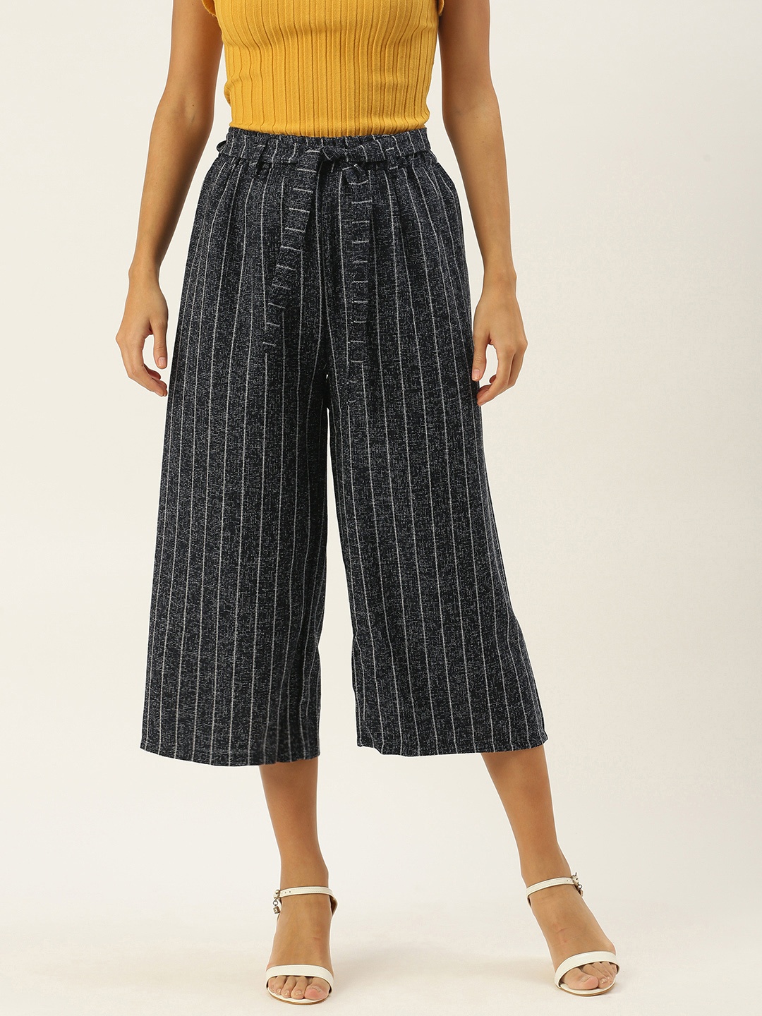 

SHECZZAR Women Navy Blue Striped Flared High-Rise Wrinkle Free Culottes Trousers