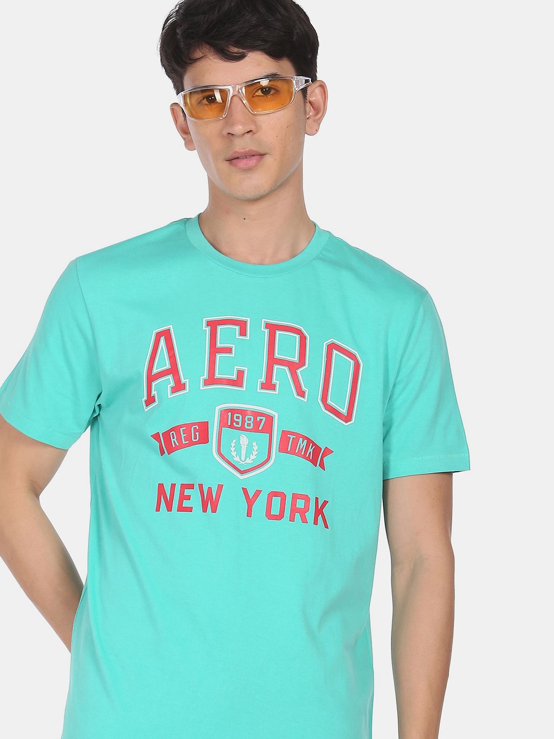 

Aeropostale Men Turquoise Blue Typography Printed Pure Cotton T-shirt