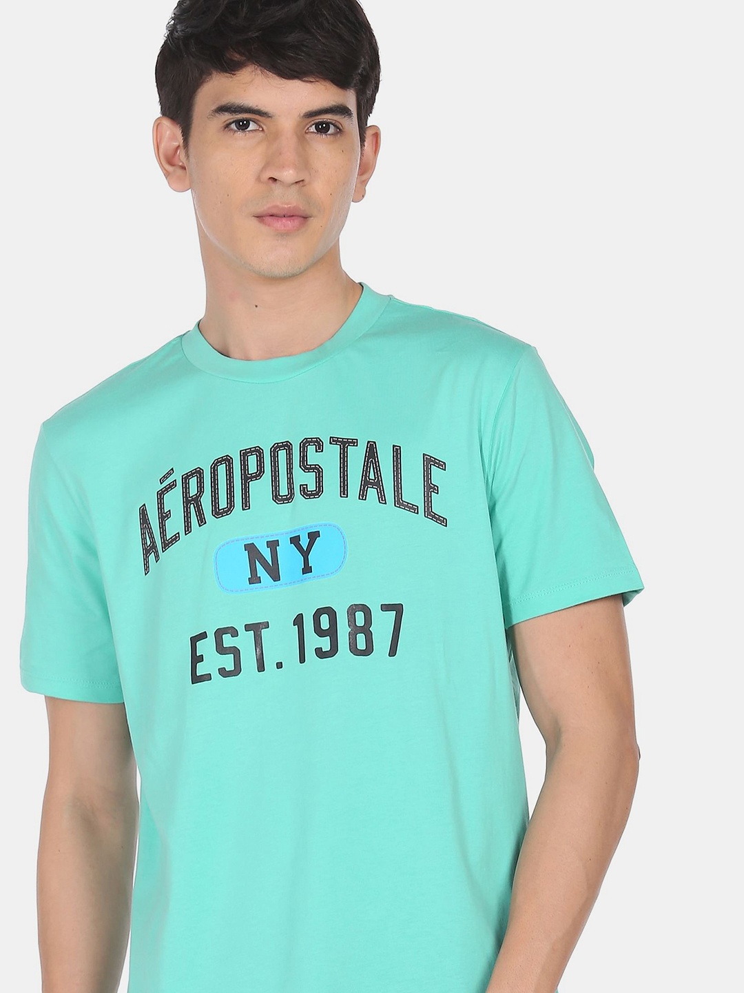 

Aeropostale Men Turquoise Blue Typography Printed Pure Cotton T-shirt