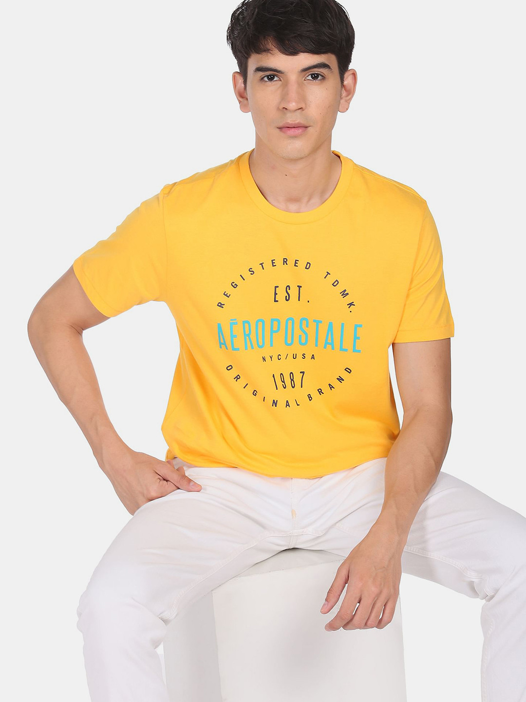 

Aeropostale Men Yellow Typography Printed Pure Cotton T-shirt
