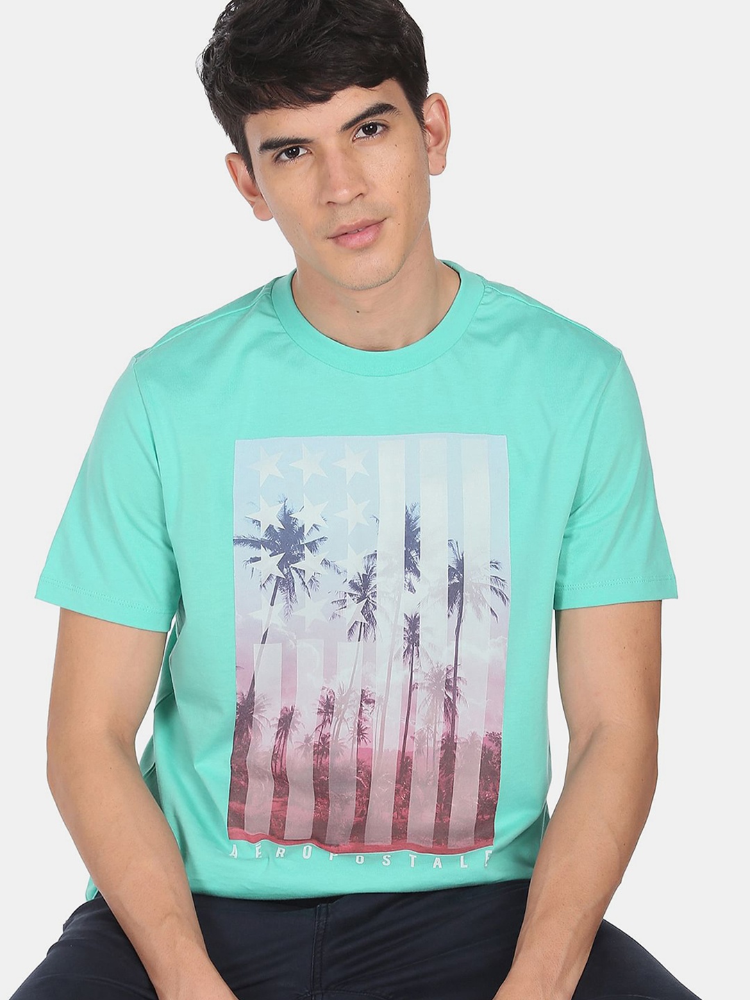 

Aeropostale Men Turquoise Blue Printed Pure Cotton T-shirt