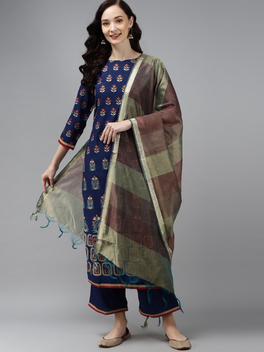 

Indo Era Women Blue Floral Printed Regular Kurta with Palazzos & With Dupatta