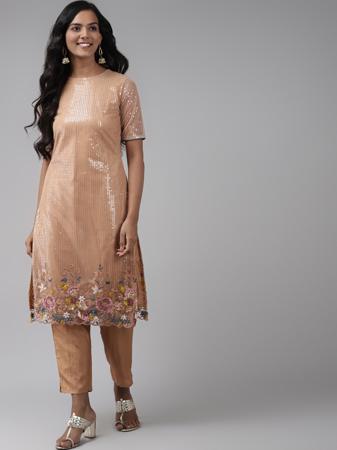 

Indo Era Women Beige Floral Embroidered Straight Regular Thread Work Kurta with Trousers