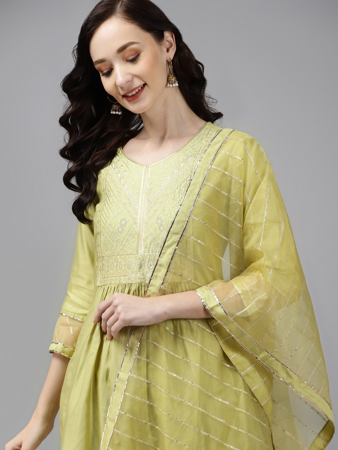 

Indo Era Women Green Yoke Design Pleated Pure Cotton Kurta with Palazzos