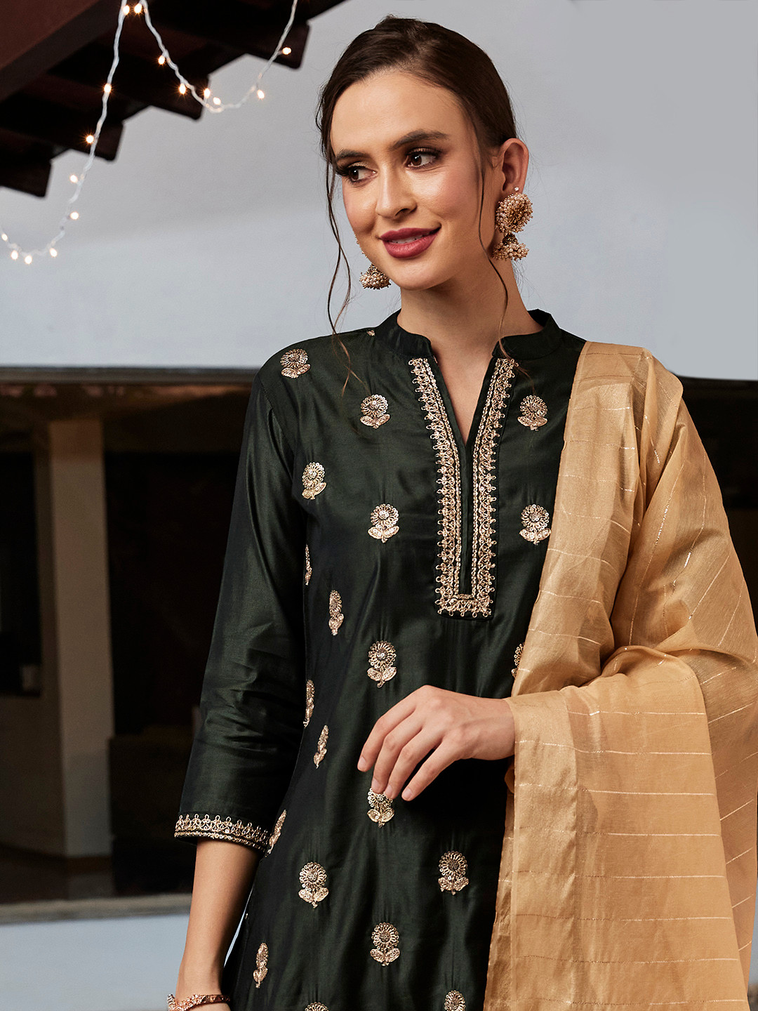 

Indo Era Women Green Floral Embroidered Regular Sequinned Liva Kurta with Palazzos & With Dupatta