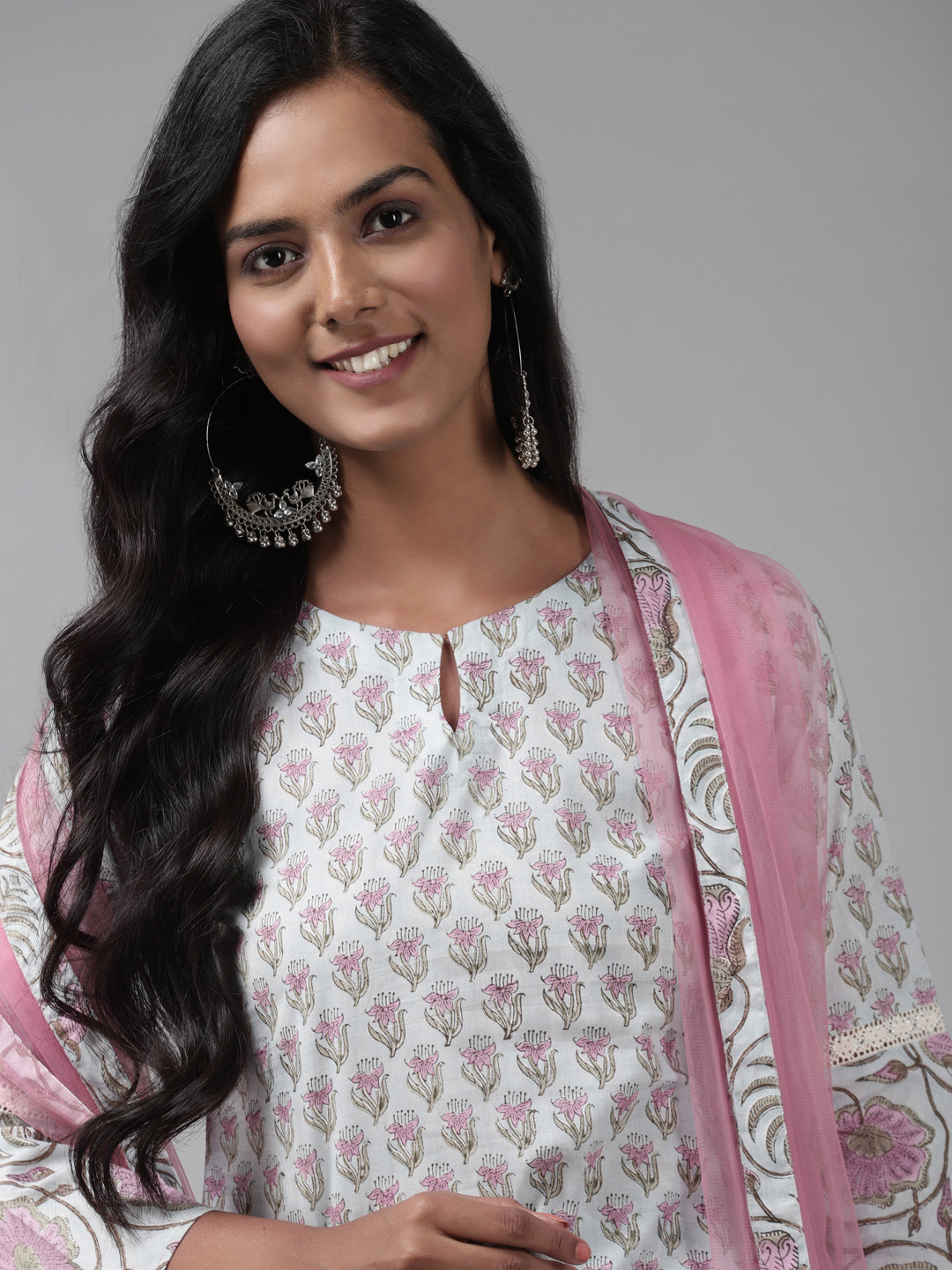 

Indo Era Women Pink Floral Printed Regular Pure Cotton Kurta with Trousers & With Dupatta
