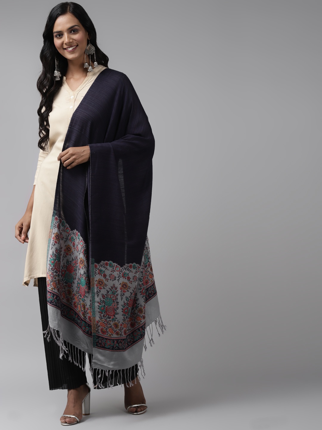 

Indo Era Women Navy Blue & Grey Woven Design Stole